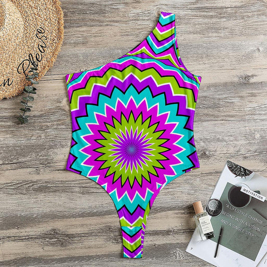 Dizzy Circle Moving Optical Illusion One Shoulder Bodysuit