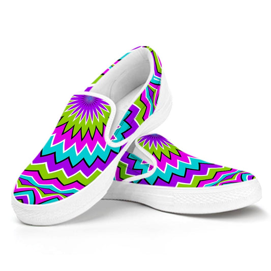 Dizzy Circle Moving Optical Illusion White Slip On Sneakers