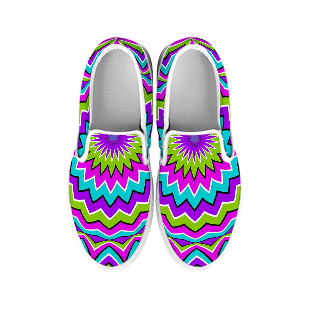 Dizzy Circle Moving Optical Illusion White Slip On Sneakers