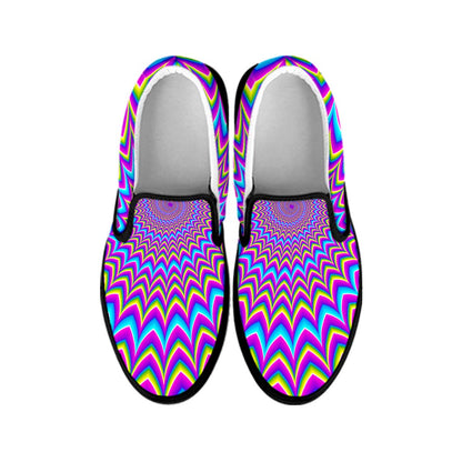 Dizzy Spiral Moving Optical Illusion Black Slip On Sneakers