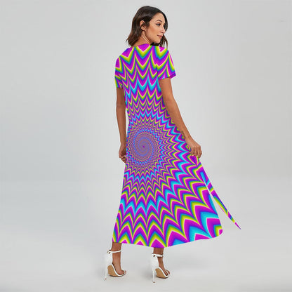 Dizzy Spiral Moving Optical Illusion Short Sleeve Maxi Dress