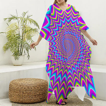 Dizzy Spiral Moving Optical Illusion Silk V-Neck Kaftan Dress