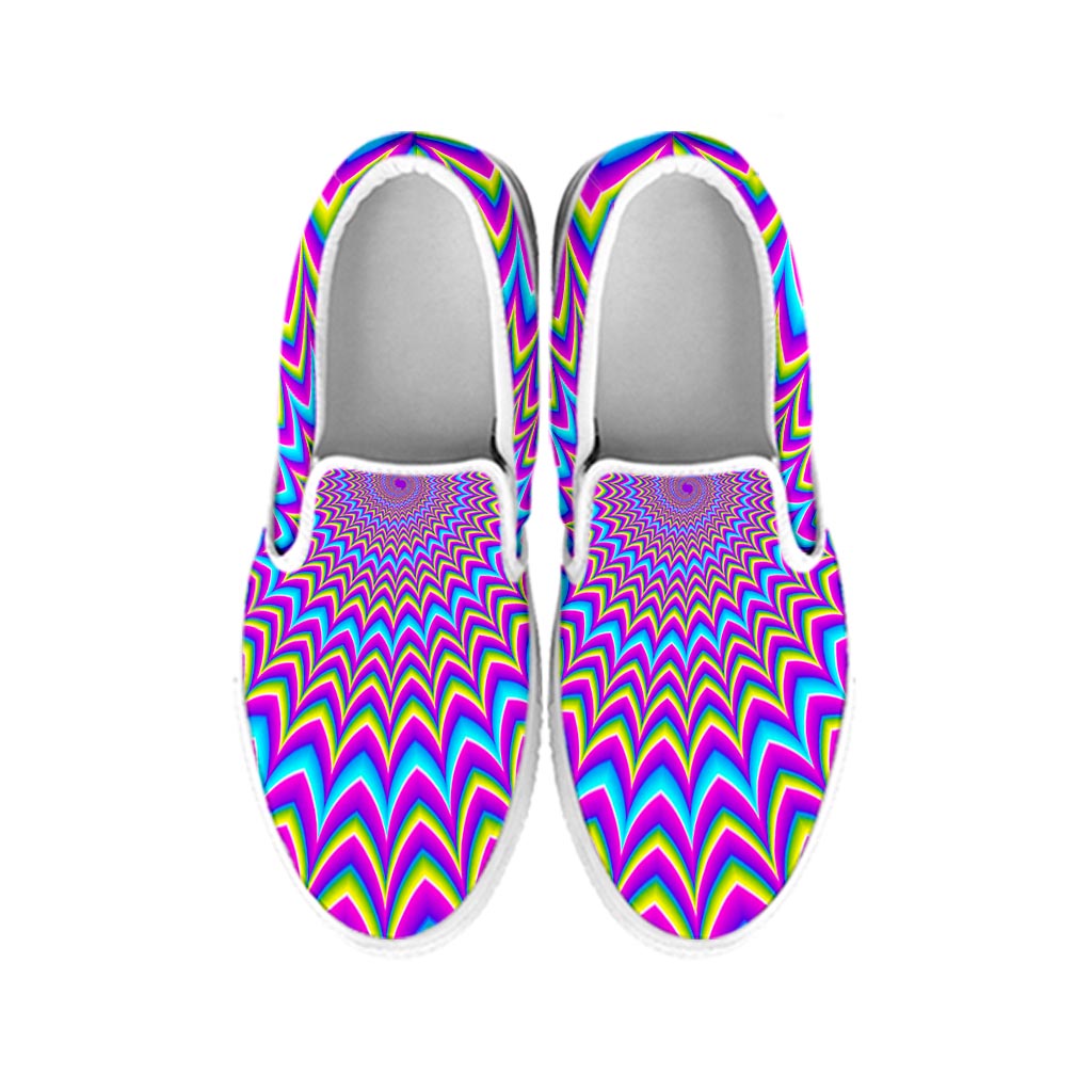 Dizzy Spiral Moving Optical Illusion White Slip On Sneakers