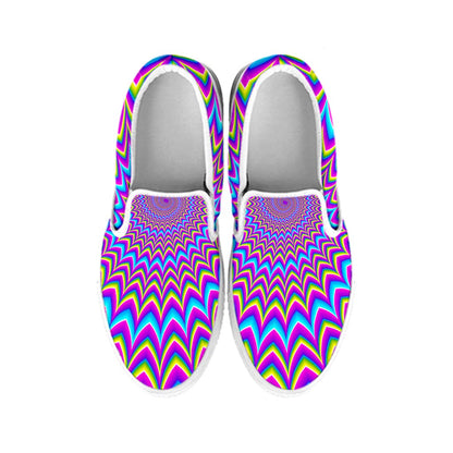 Dizzy Spiral Moving Optical Illusion White Slip On Sneakers