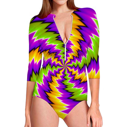Dizzy Vortex Moving Optical Illusion Long Sleeve Swimsuit