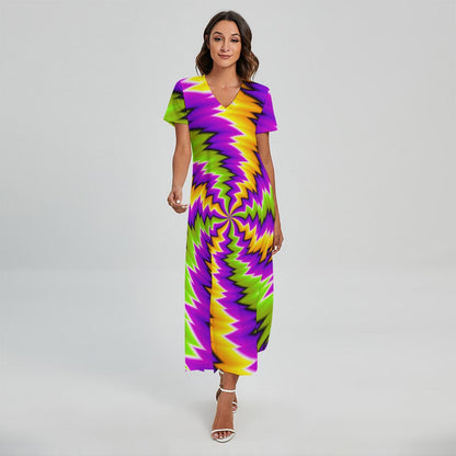 Dizzy Vortex Moving Optical Illusion Short Sleeve Maxi Dress
