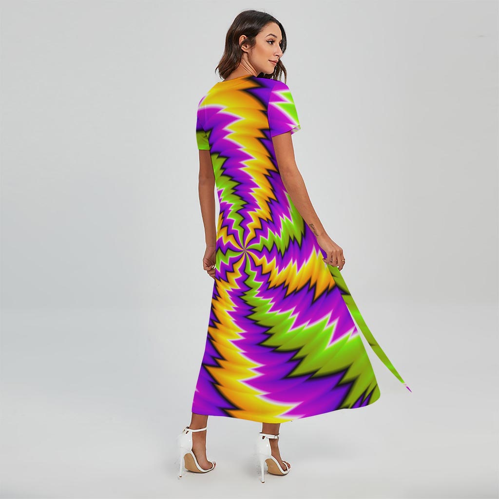 Dizzy Vortex Moving Optical Illusion Short Sleeve Maxi Dress