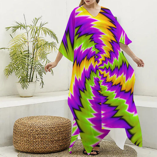 Dizzy Vortex Moving Optical Illusion Silk V-Neck Kaftan Dress