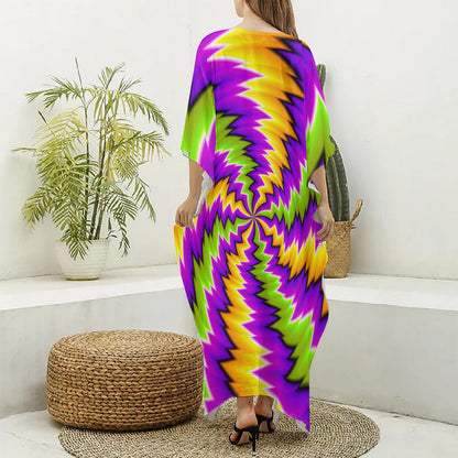 Dizzy Vortex Moving Optical Illusion Silk V-Neck Kaftan Dress