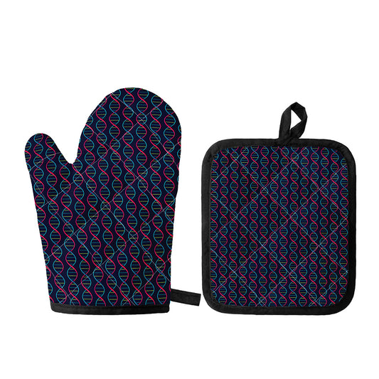 DNA Helix Pattern Print Oven Mitt And Pot Holder Set
