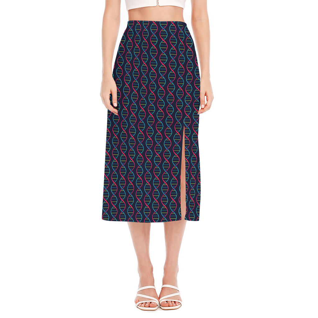 DNA Helix Pattern Print Side Slit Midi Skirt