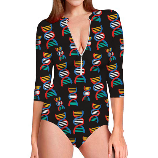 DNA Strands Pattern Print Long Sleeve Swimsuit