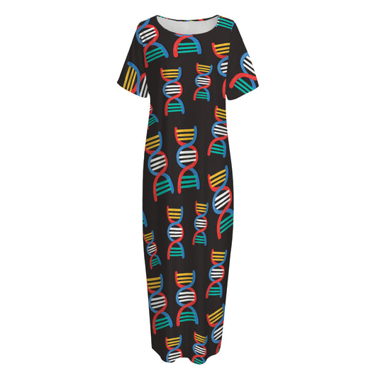 DNA Strands Pattern Print Short Sleeve Long Nightdress