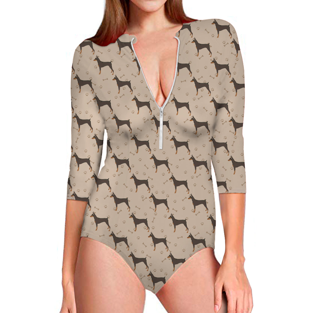 Doberman Pinscher Pattern Print Long Sleeve Swimsuit