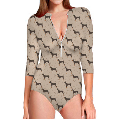 Doberman Pinscher Pattern Print Long Sleeve Swimsuit