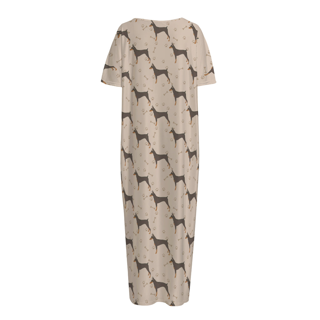Doberman Pinscher Pattern Print Short Sleeve Long Nightdress