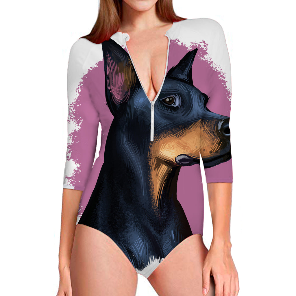 Dobermann Portrait Print Long Sleeve Swimsuit