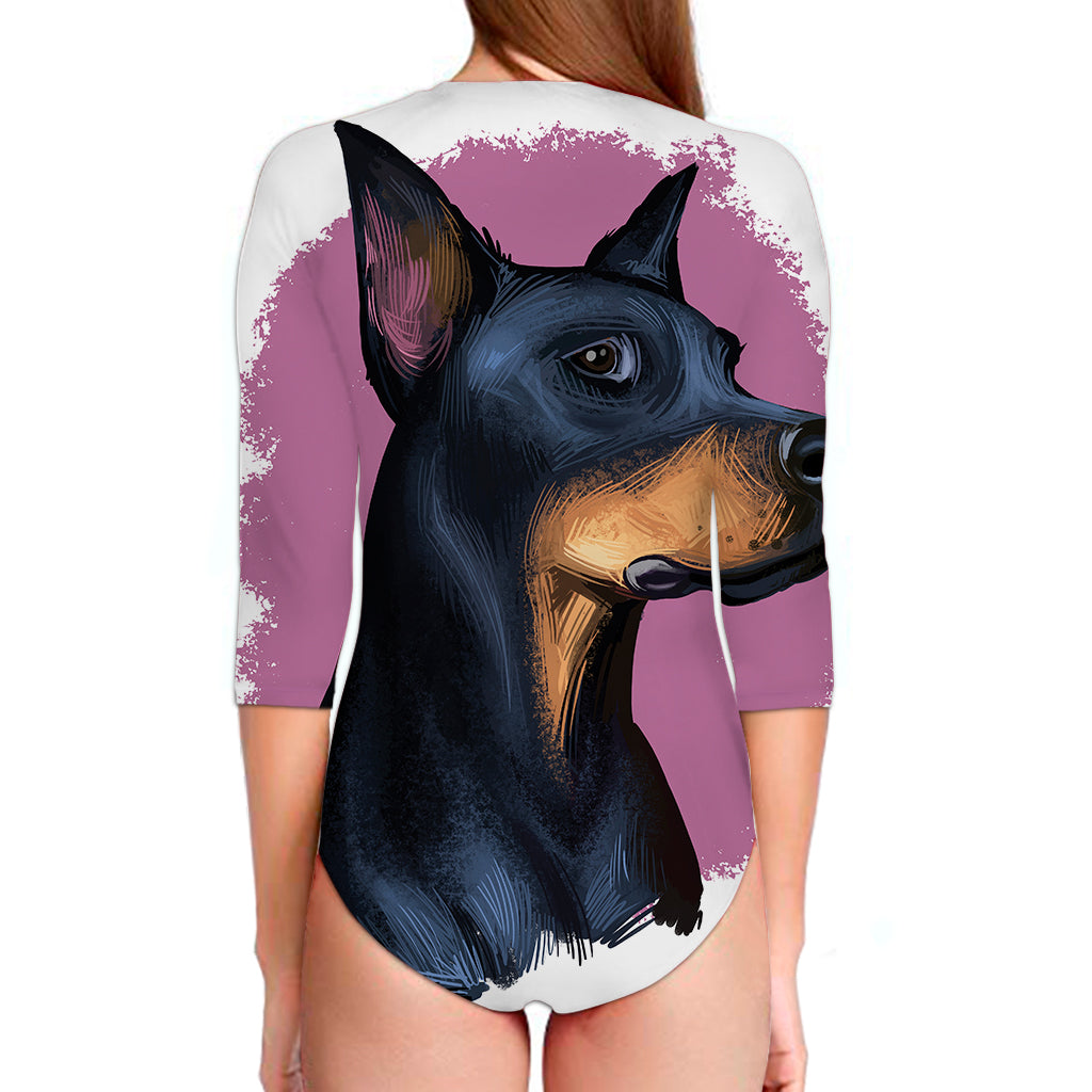 Dobermann Portrait Print Long Sleeve Swimsuit