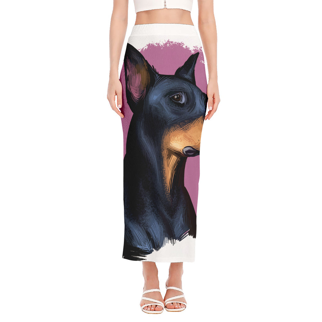 Dobermann Portrait Print Side Slit Maxi Skirt