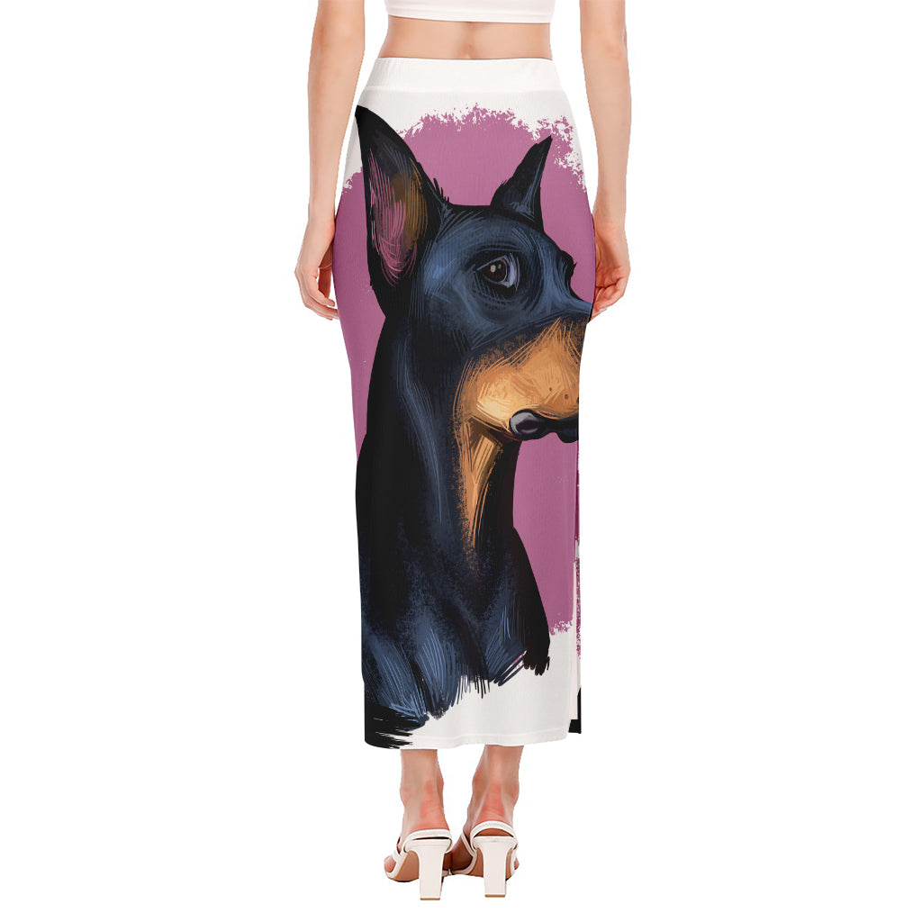 Dobermann Portrait Print Side Slit Maxi Skirt