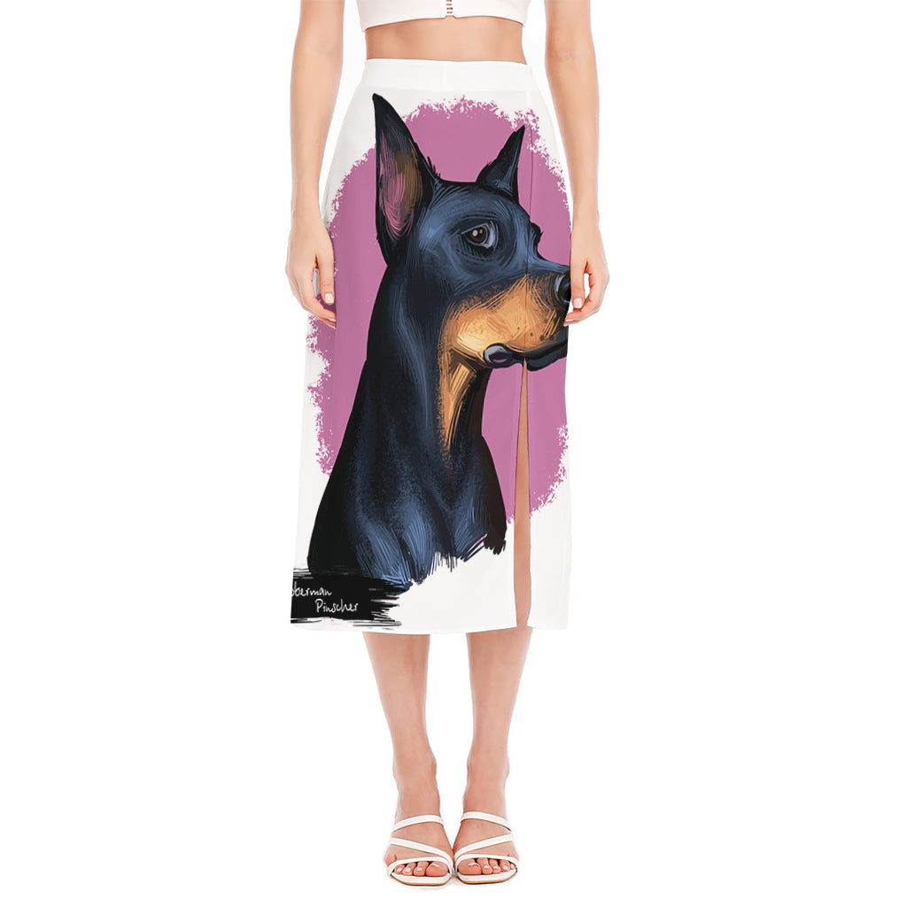 Dobermann Portrait Print Side Slit Midi Skirt