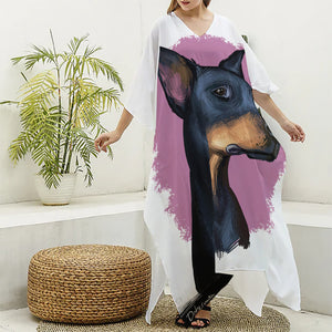 Dobermann Portrait Print Silk V-Neck Kaftan Dress