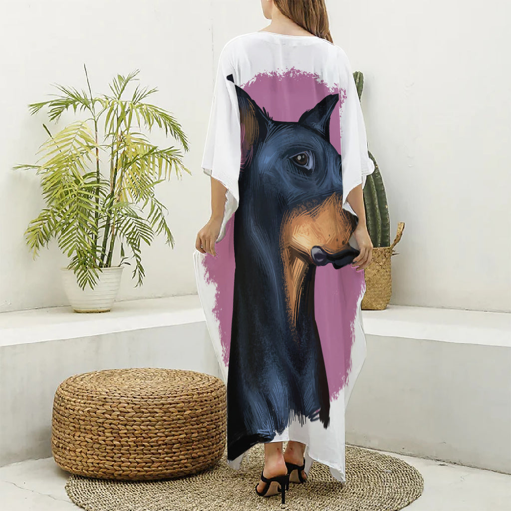 Dobermann Portrait Print Silk V-Neck Kaftan Dress