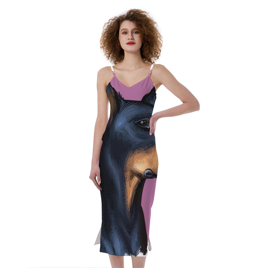 Dobermann Portrait Print Slim Fit Midi Cami Dress