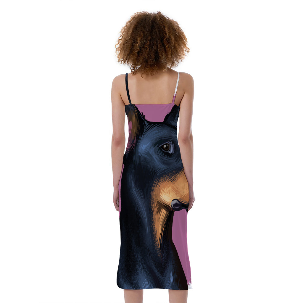 Dobermann Portrait Print Slim Fit Midi Cami Dress