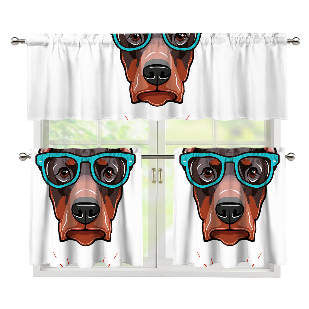 Dobermann With Glasses Print 3 Piece Kitchen Curtains