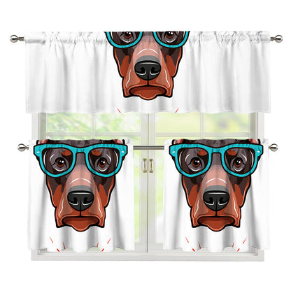 Dobermann With Glasses Print 3 Piece Kitchen Curtains