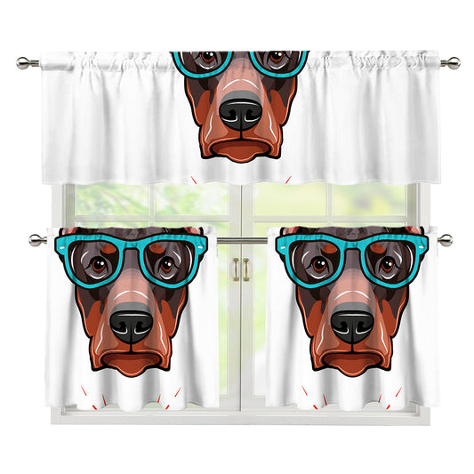 Dobermann With Glasses Print 3 Piece Kitchen Curtains