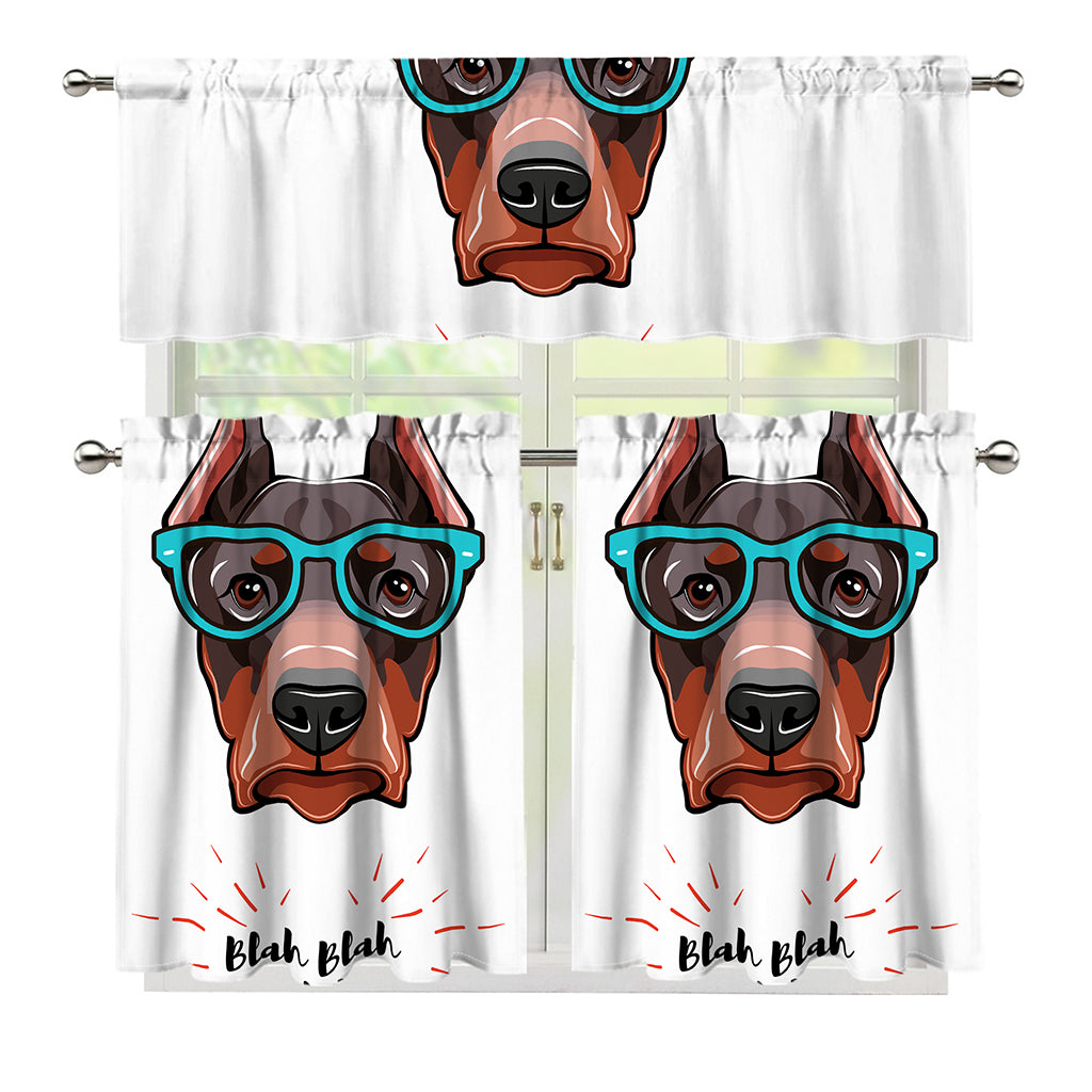 Dobermann With Glasses Print 3 Piece Kitchen Curtains