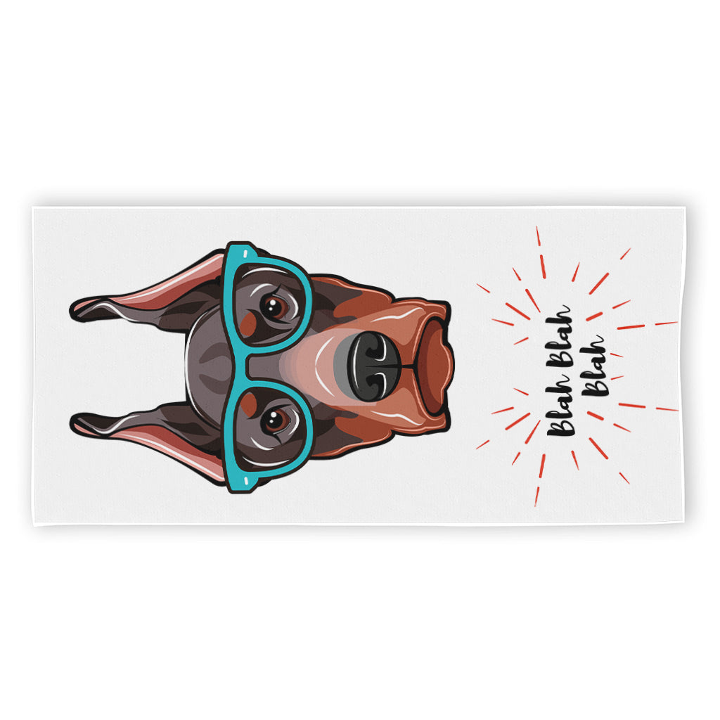 Dobermann With Glasses Print Beach Towel