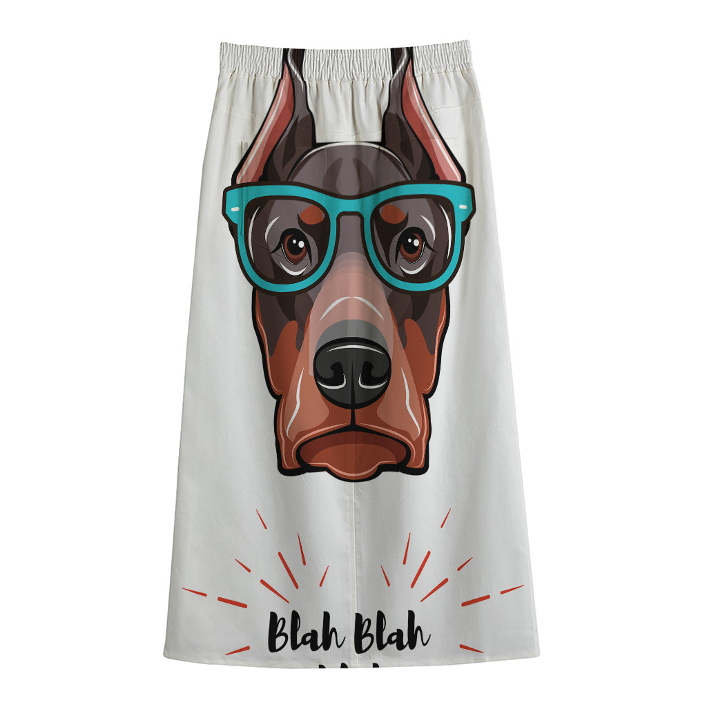 Dobermann With Glasses Print Cotton Front Slit Maxi Skirt