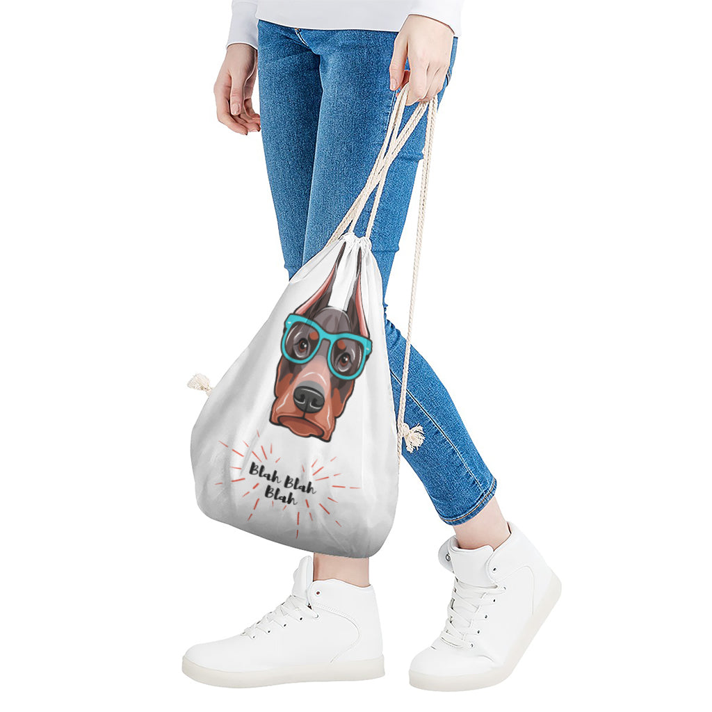 Dobermann With Glasses Print Drawstring Bag