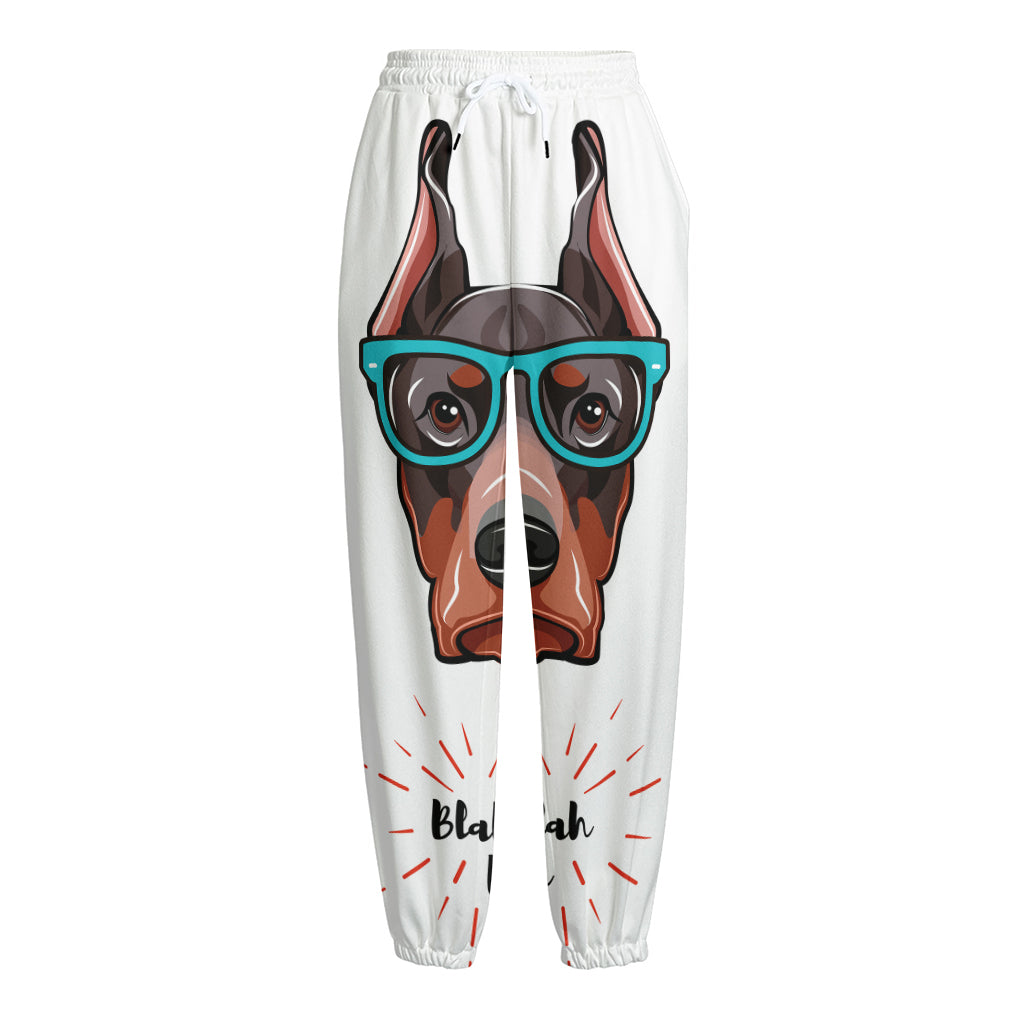 Dobermann With Glasses Print Fleece Lined Knit Pants