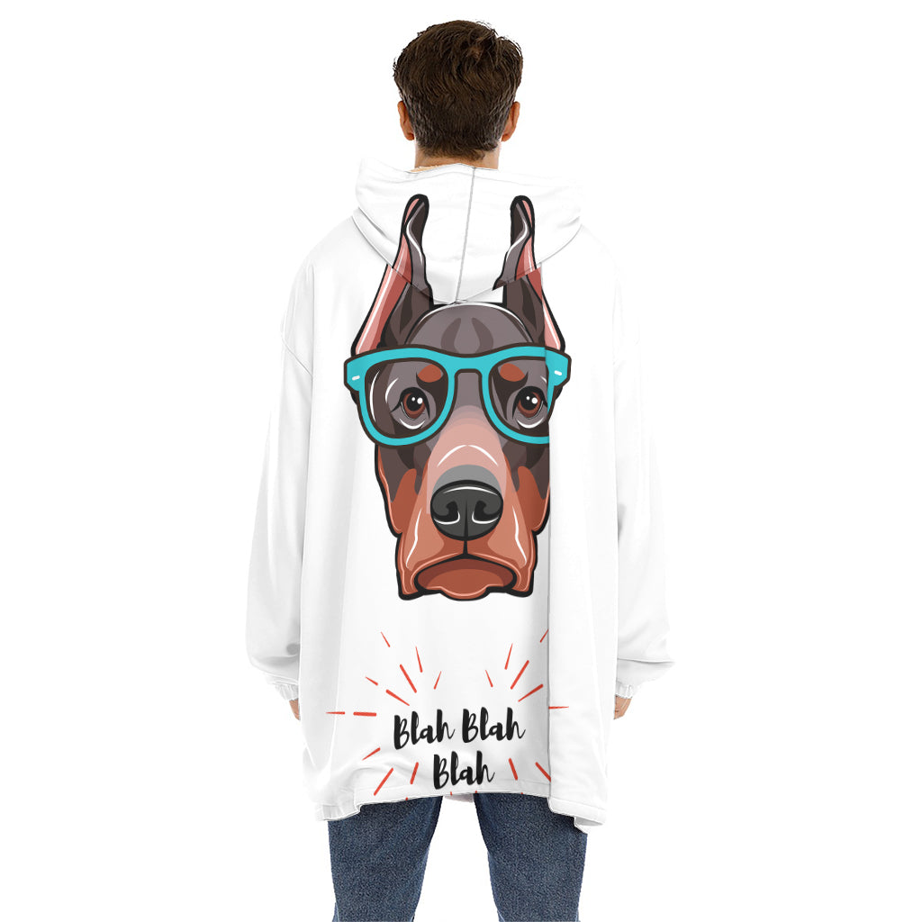 Dobermann With Glasses Print Hoodie Blanket