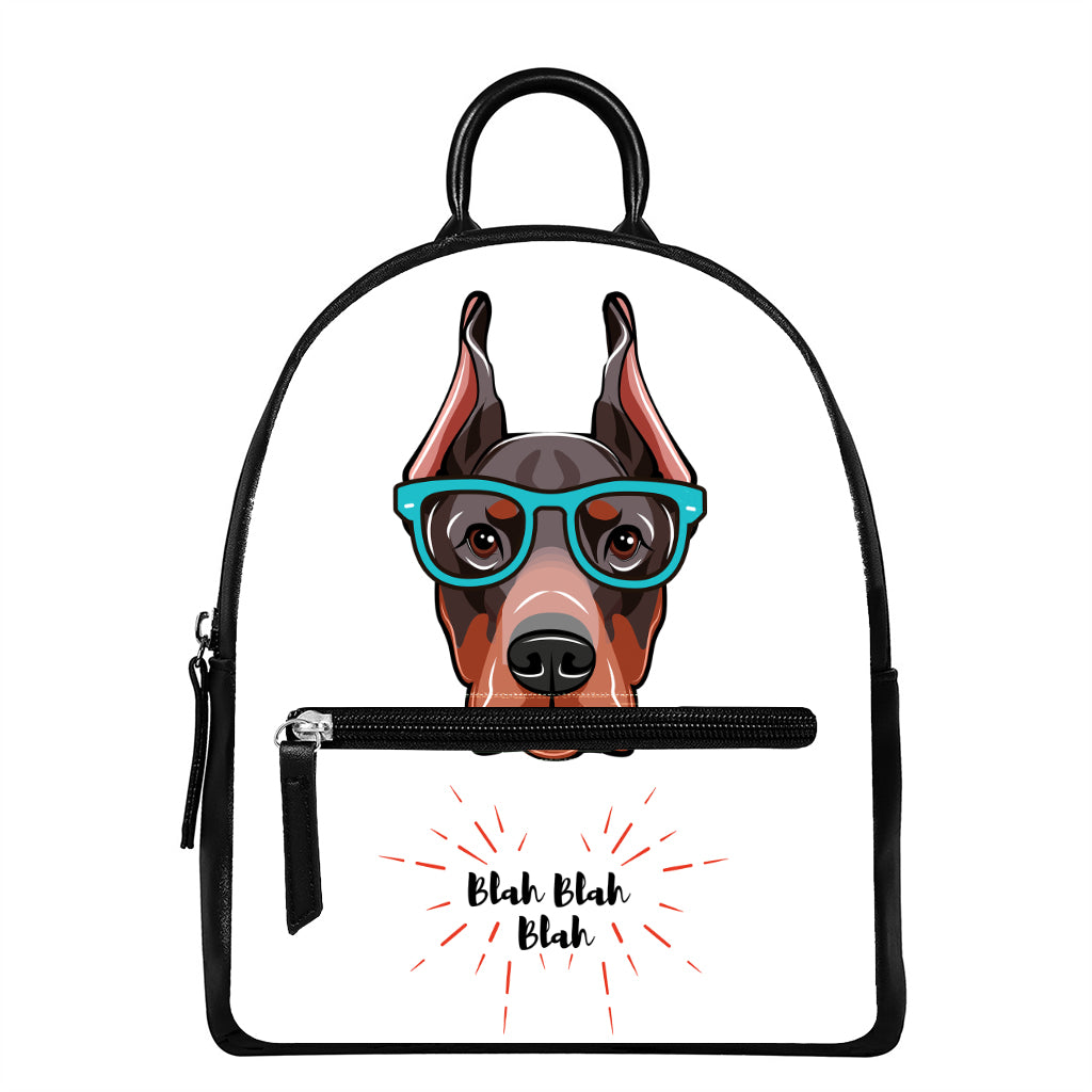 Dobermann With Glasses Print Leather Backpack