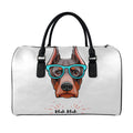 Dobermann With Glasses Print Leather Duffel Bag