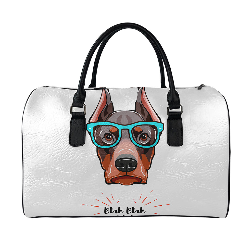 Dobermann With Glasses Print Leather Duffle Bag