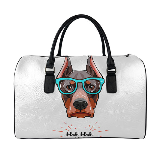 Dobermann With Glasses Print Leather Duffle Bag