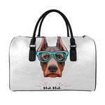 Dobermann With Glasses Print Leather Duffle Bag