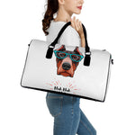 Dobermann With Glasses Print Leather Duffle Bag