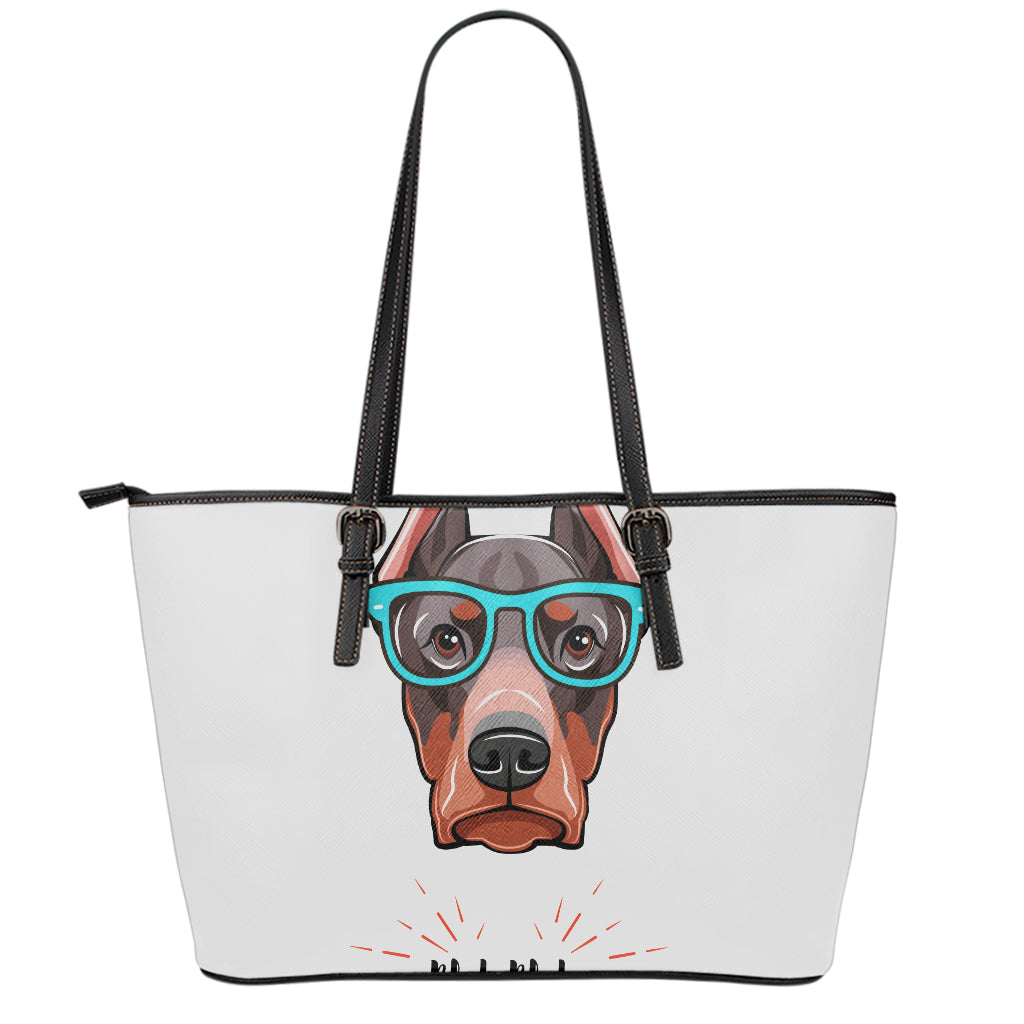 Dobermann With Glasses Print Leather Tote Bag