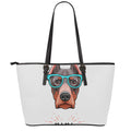 Dobermann With Glasses Print Leather Tote Bag With Zipper