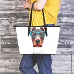 Dobermann With Glasses Print Leather Tote Bag