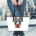 Dobermann With Glasses Print Leather Tote Bag