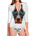 Dobermann With Glasses Print Long Sleeve Swimsuit