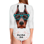 Dobermann With Glasses Print Long Sleeve Swimsuit